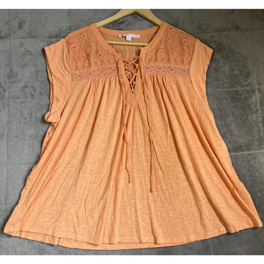 Stella & Ginger Top Women's 2X Orange Tie Front Embroidered Swing Boho Festival